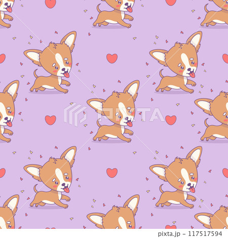 Seamless pattern with dog on purple background with hearts. Funny cartoon kawaii pet character. Vector illustration . 117517594