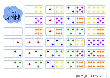 Domino for kids, learning counting, fun educational activity for logic thinking development, bright multi-colored dots illustration printable worksheet for group board game, teacher resources 117517695