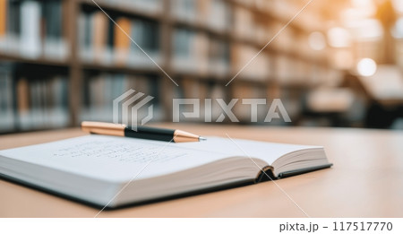 Notebook and pen on a desk in a quiet library during daylight hours 117517770