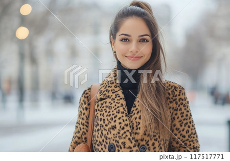 Young woman in leopard print coat walking on a busy city street in autumn 117517771