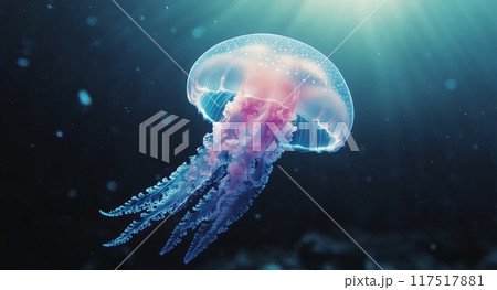 Ethereal jellyfish gliding in deep blue water illuminated by soft light 117517881