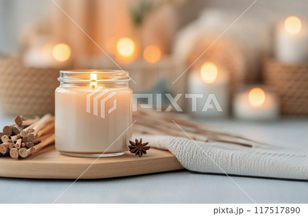 Warm candlelight on a wooden table with cozy decor and soft glowing background 117517890