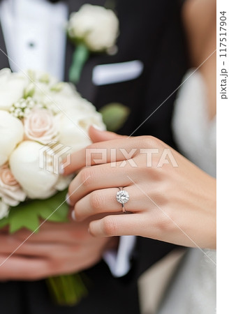 Bride and groom holding a beautiful white flower bouquet during a wedding ceremony Bride and groom holding a beautiful white flower bouquet during a wedding ceremony 117517904