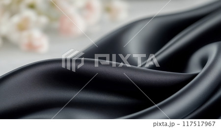 Black fabric draping elegantly on a table with soft background floral details Black fabric draping elegantly on a table with soft background floral details 117517967