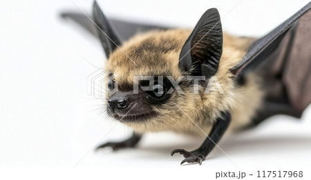 A bat flying against a soft gray background during early morning light A bat flying against a soft gray background during early morning light 117517968