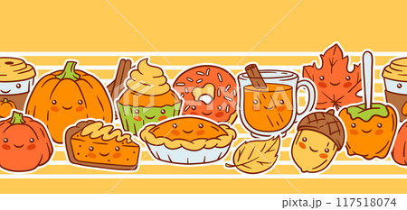 Autumn kawaii pattern. Happy Thanksgiving Day and Halloween traditional cute symbols. 117518074