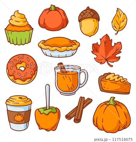 Autumn items and food. Happy Thanksgiving Day and Halloween traditional symbols. Autumn items and food. Happy Thanksgiving Day and Halloween traditional symbols. 117518075