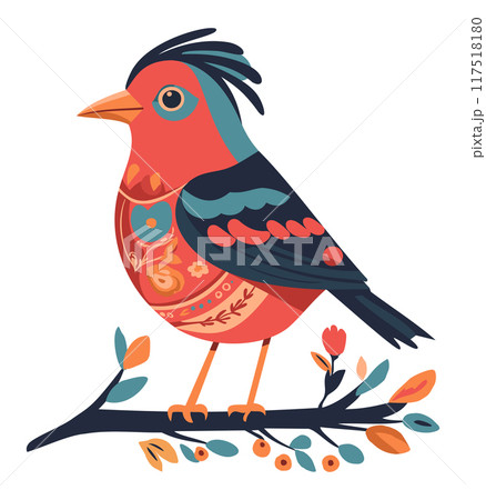 Decorative folk bird on blooming tree branch. Vector isolated illustration 117518180