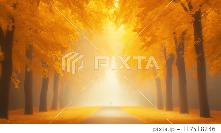 Distant silhouette walking down a misty path lined with golden autumn trees Distant silhouette walking down a misty path lined with golden autumn trees 117518236
