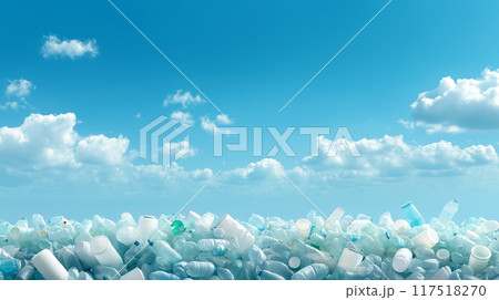 A large pile of plastic bottles and containers against blue sky with clouds, illustrating pollution 117518270