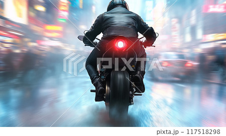 A motorcyclist in black leather jacket rides through a neon-lit city street at high speed 117518298