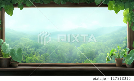 Lush green mountain view framed by a wooden window with potted plants 117518316