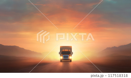 Truck driving in front of sunset on a deserted highway 117518318