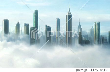 Modern city skyline with skyscrapers emerging above the clouds 117518319