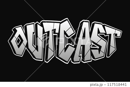 Outcast - single word, letters graffiti style. Vector hand drawn logo. Funny cool trippy word Outcast, fashion, graffiti style print t-shirt, poster concept 117518441