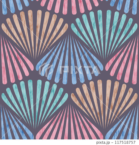 Retro seamless marine pattern with colorful shells. Vintage geometric pattern of shells in 60s style. 117518757