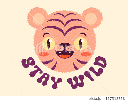 Kids poster of a head tiger and typography "stay wild".  Vintage poster of cute kawaii tiger emoji. Stay wild kids poster. 117518758
