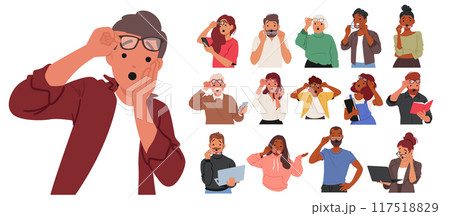Collection Of Characters Showcasing Expressions Of Surprise And Shock In Different Scenarios and Unexpected Situations Collection Of Characters Showcasing Expressions Of Surprise And Shock In Different Scenarios and Unexpected Situations 117518829