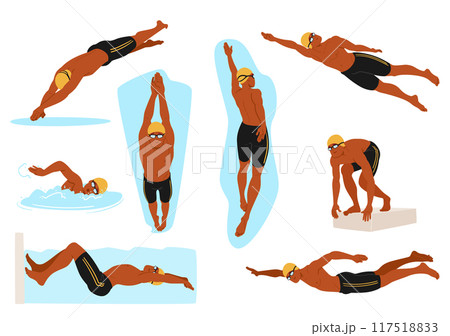 Professional Male Swimmers Character Showcasing Different Swimming Techniques, Including Diving, Freestyle, Backstroke Professional Male Swimmers Character Showcasing Different Swimming Techniques, Including Diving, Freestyle, Backstroke 117518833