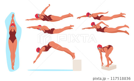 Vector Illustration Showing Various Stages Of Female Swimmer Diving Into The Water. Swimmer Depicted In Multiple Poses 117518836