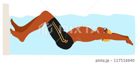 Athlete Swimming Backstroke In A Blue Pool. Swimmer Wearing A Yellow Cap And Swimwear Demonstrates A Swimming Technique Athlete Swimming Backstroke In A Blue Pool. Swimmer Wearing A Yellow Cap And Swimwear Demonstrates A Swimming Technique 117518840