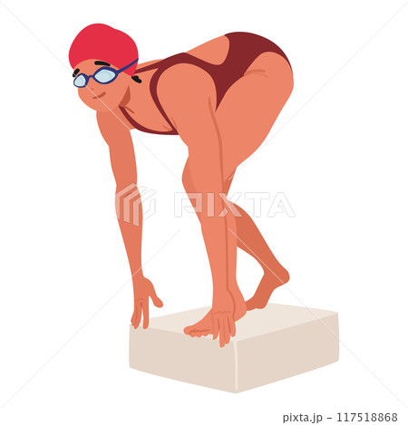 Female Swimmer In A Red Swim Cap And Swimwear, Preparing To Dive From A Starting Block, Cartoon Vector Image Female Swimmer In A Red Swim Cap And Swimwear, Preparing To Dive From A Starting Block, Cartoon Vector Image 117518868