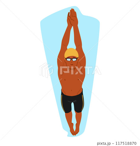 Swimmer Diving Into A Pool, Wearing Goggles And A Swim Cap. Image Captures The Essence Of Competitive Swimming Swimmer Diving Into A Pool, Wearing Goggles And A Swim Cap. Image Captures The Essence Of Competitive Swimming 117518870