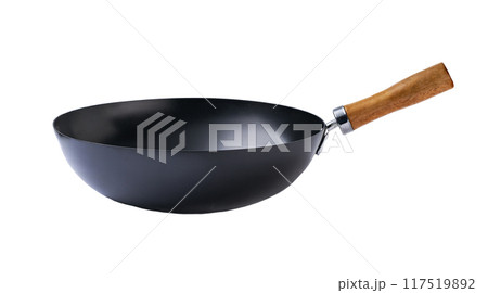 Empty chinese wok pan isolated on a white background. Empty frying wok pan chinese cookware. Empty chinese wok pan isolated on a white background. Empty frying wok pan chinese cookware. 117519892