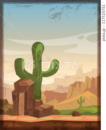 Arizona nature with rock mountain and growing cactus illustration 117520781