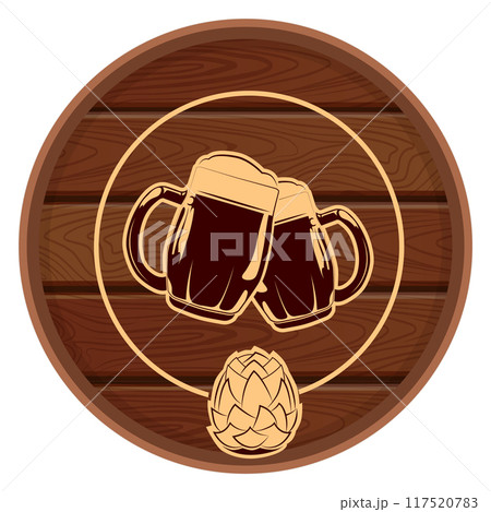 Natural beer signboard. Wooden round barrel with glass mugs 117520783