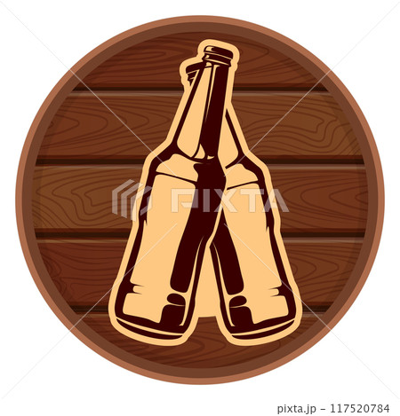 Wooden cask with beer bottles label. Drink emblem 117520784