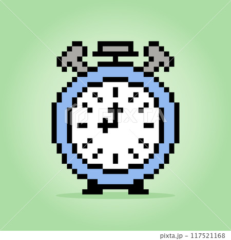 8 bit pixel clock alarm for game assets and cross stitch patterns in vector illustrations. 117521168