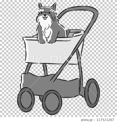 犬が乗ったペットカートの手描きイラスト 117521267