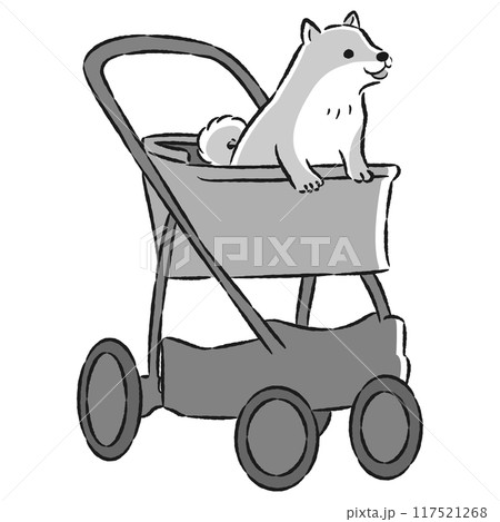 犬が乗ったペットカートの手描きイラスト 117521268