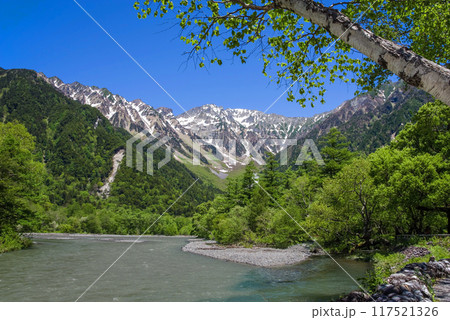 《さわやか上高地・初夏の絶景》河童橋近くから望む穂高連峰 《さわやか上高地・初夏の絶景》河童橋近くから望む穂高連峰 117521326
