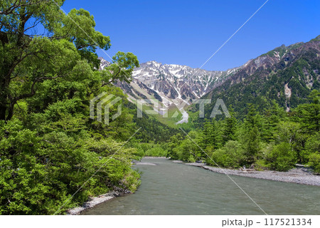 《さわやか上高地・初夏の絶景》新緑が美しい河童橋近くから望む穂高連峰 《さわやか上高地・初夏の絶景》新緑が美しい河童橋近くから望む穂高連峰 117521334