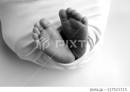 Foot of a newborn. Close up feet, toes, heels, feet of a newborn baby. Studio monochrome, vintage style, black and white macro photography. 117521713