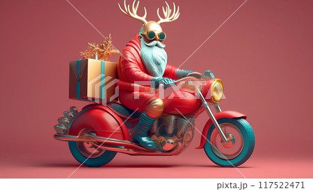 オートバイに乗ってプレゼントを配るサンタクロース,Generative AI,AI画像 117522471