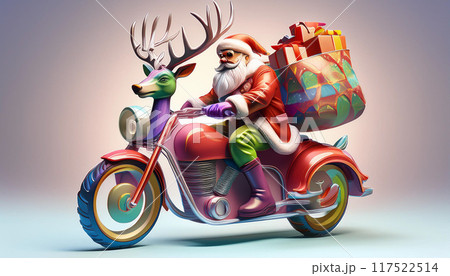 オートバイに乗ってプレゼントを配るサンタクロース,Generative AI,AI画像 117522514