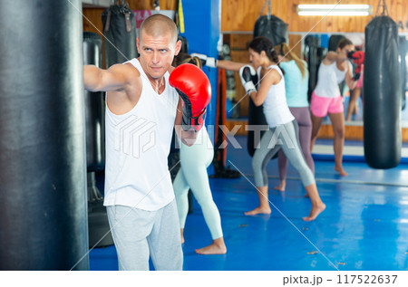 Male sportsman practicing boxing punches with punching bag Male sportsman practicing boxing punches with punching bag 117522637