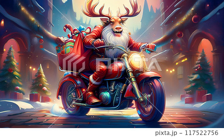 オートバイに乗ってプレゼントを配るサンタクロース,Generative AI,AI画像 117522756