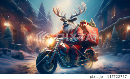オートバイに乗ってプレゼントを配るサンタクロース,Generative AI,AI画像 117522757