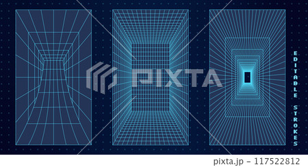 Futuristic 3D tunnels with abstract wireframe grids and perspective. Digital mesh in an editable blue stroke grid. Y2K cyberpunk geometric patterns with tech elements. Futuristic 3D tunnels with abstract wireframe grids and perspective. Digital mesh in an editable blue stroke grid. Y2K cyberpunk geometric patterns with tech elements. 117522812