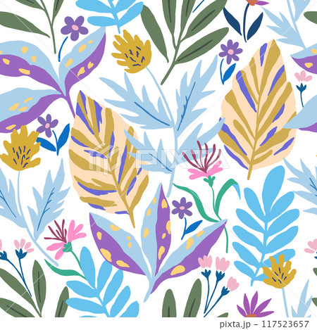 Seamless pattern with gentle abstract flowers. Modern floral shapes in pastel colors. 117523657