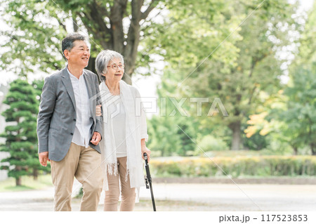 公園を話しながら歩く日本人の高齢者夫婦（シニア・男女） 117523853