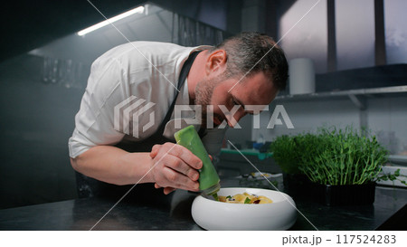 Head Chef Adding Green Sauce To The Dish Head Chef Adding Green Sauce To The Dish 117524283