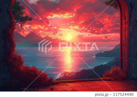 海に沈む赤い夕日と背景の山々のアニメ風景画	 117524490