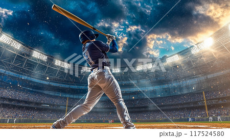 アクション満載の野球シーン、スイング中の選手 117524580