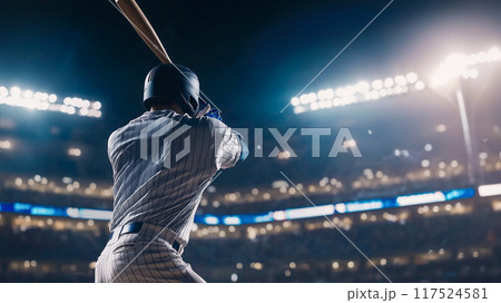 アクション満載の野球シーン、スイング中の選手 アクション満載の野球シーン、スイング中の選手 117524581