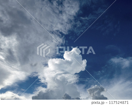 Blue sky fluffy white clouds on summer season bright clear skyline with beautiful cloudscape. Panorama blue sky clouds pattern on daylight with copy space. Cumulus cloudscape air climate sunny day 117524871